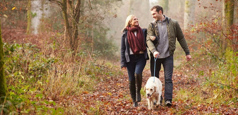 Couple walking their dog