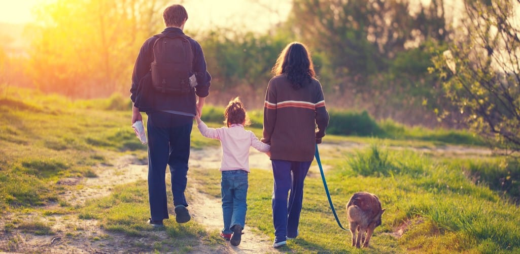 Family walking dog at sunset