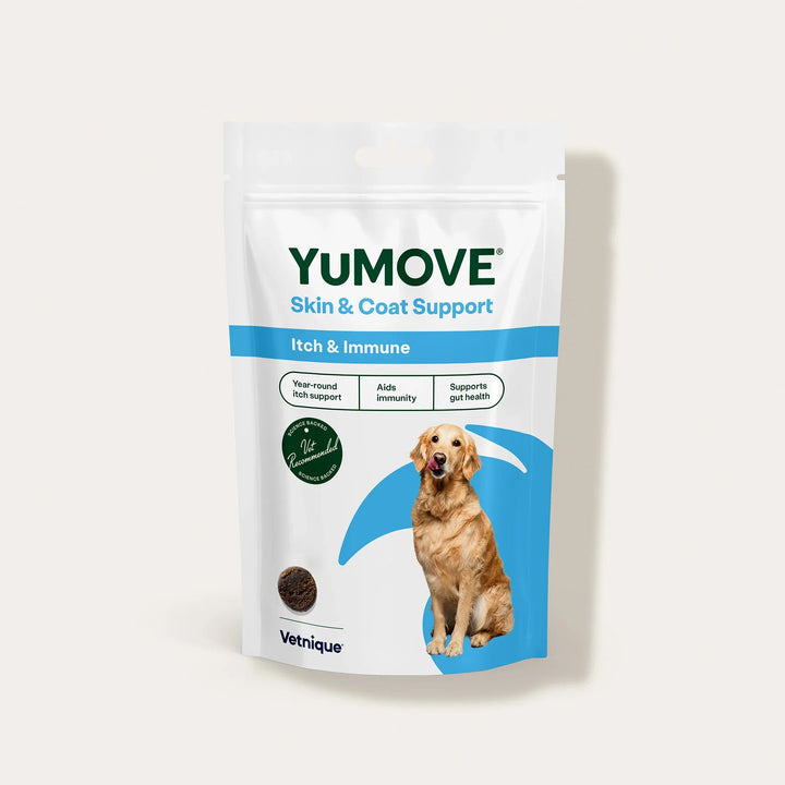 YuMOVE skin and coat support itch and immune product packaging for dogs on a light beige background